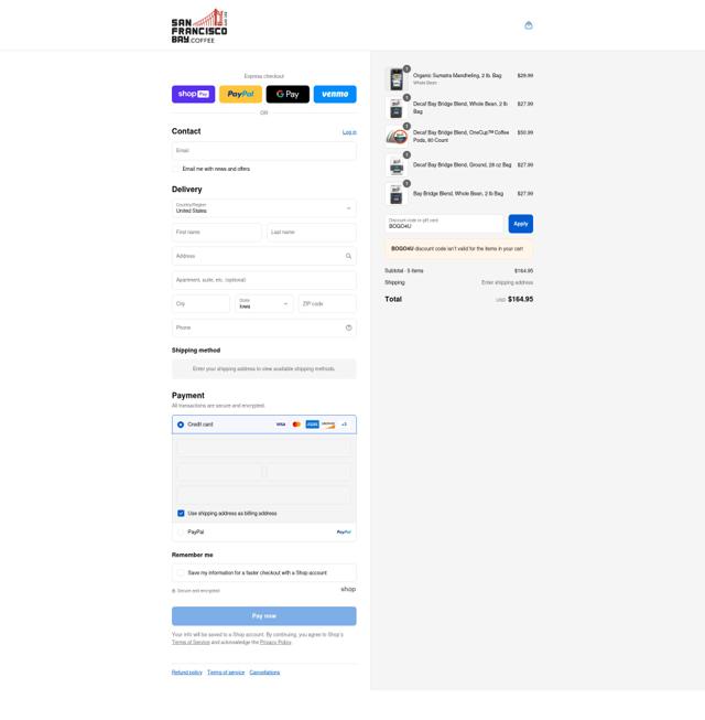 SF Bay Coffee checkout page showing SF Bay Coffee discount code box | Screenshot taken by SimplyCodes community member on Aug 27, 2025