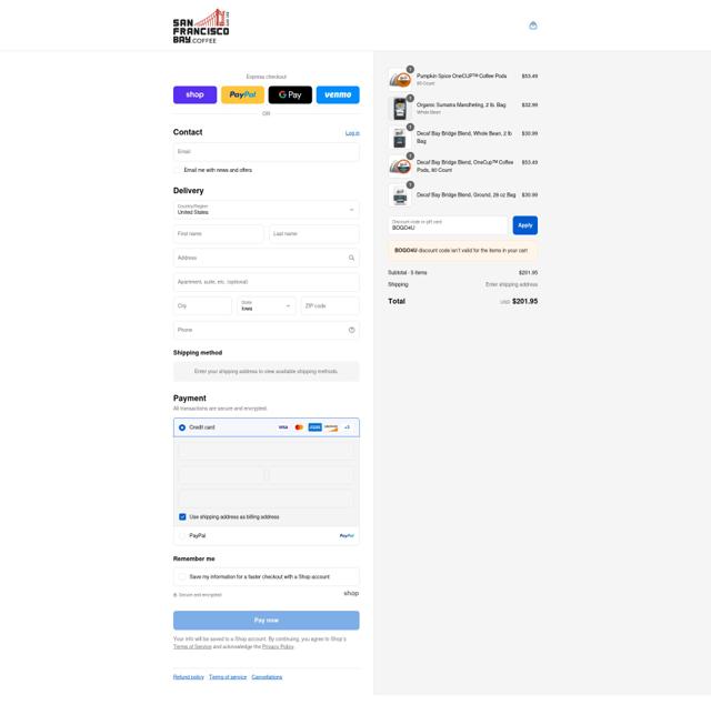 SF Bay Coffee checkout page showing SF Bay Coffee discount code box | Screenshot taken by SimplyCodes community member on Sep 8, 2025