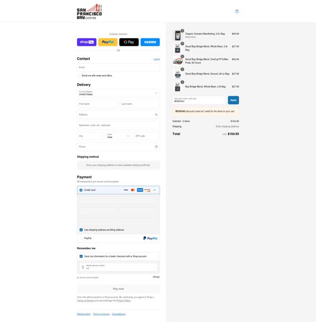 SF Bay Coffee checkout page showing SF Bay Coffee discount code box | Screenshot taken by SimplyCodes community member on Aug 5, 2025