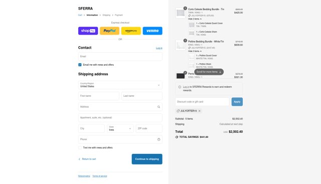 Sferra checkout page showing Sferra promo code box | Screenshot taken by SimplyCodes community member on Jul 26, 2025