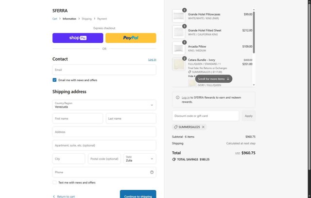 Sferra checkout page showing Sferra promo code box | Screenshot taken by SimplyCodes community member on Jul 20, 2025
