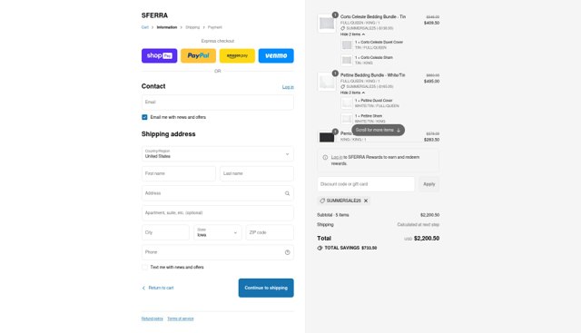 Sferra checkout page showing Sferra promo code box | Screenshot taken by SimplyCodes community member on Jul 22, 2025