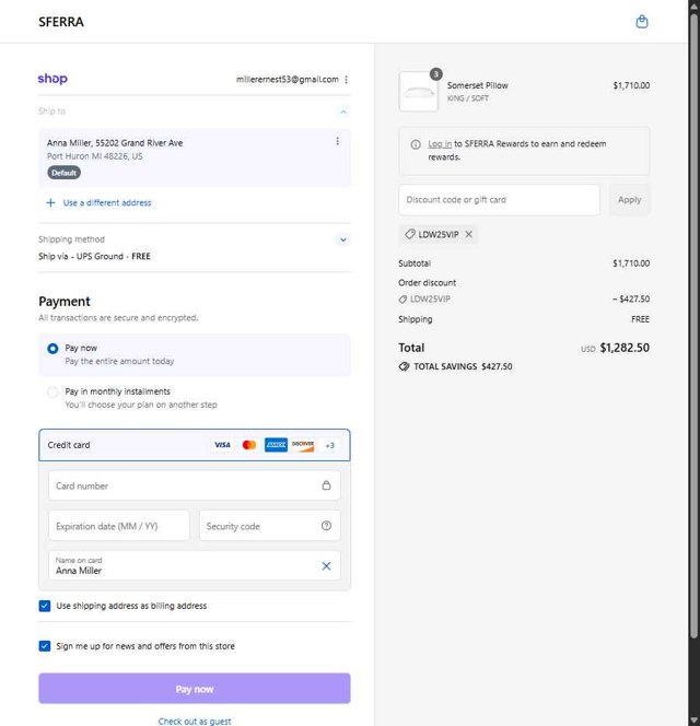 Sferra checkout page showing Sferra promo code box | Screenshot taken by SimplyCodes community member on Sep 2, 2025