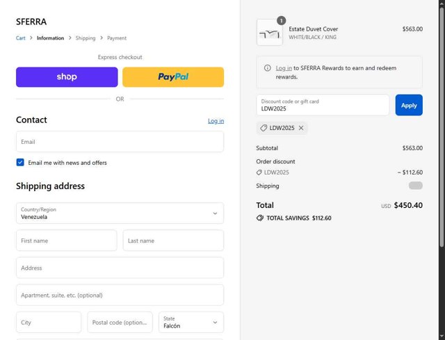 Sferra checkout page showing Sferra promo code box | Screenshot taken by SimplyCodes community member on Sep 2, 2025