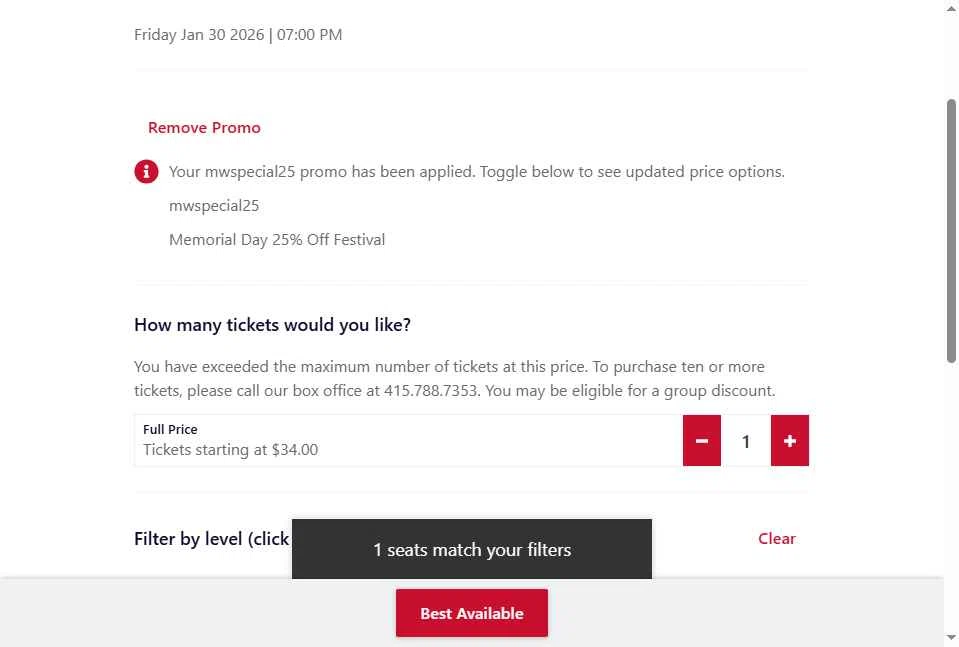 SFJAZZ checkout page showing SFJAZZ promo code box | Screenshot taken by SimplyCodes community member on Jan 30, 2026
