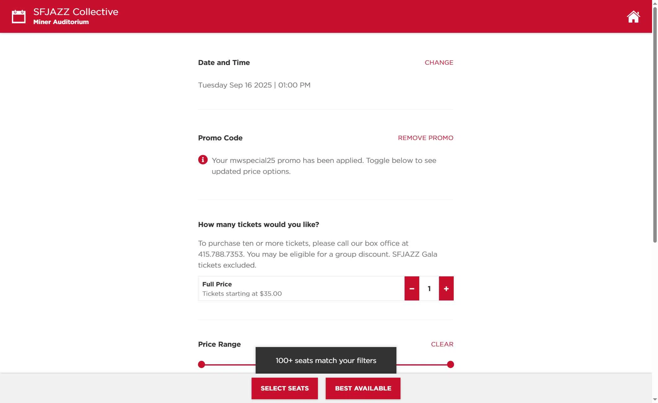 SFJAZZ checkout page showing SFJAZZ promo code box | Screenshot taken by SimplyCodes community member on Aug 18, 2025