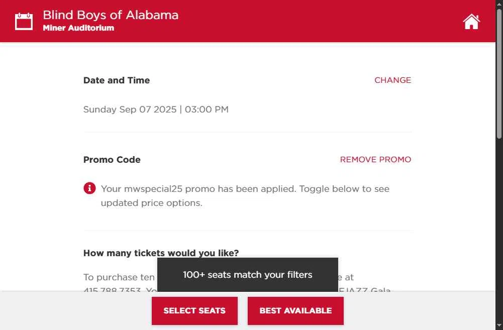 SFJAZZ checkout page showing SFJAZZ promo code box | Screenshot taken by SimplyCodes community member on Aug 6, 2025