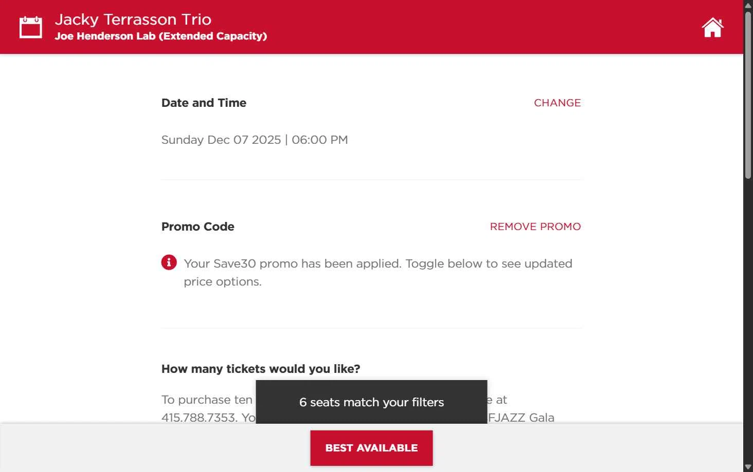 SFJAZZ checkout page showing SFJAZZ promo code box | Screenshot taken by SimplyCodes community member on Dec 4, 2025