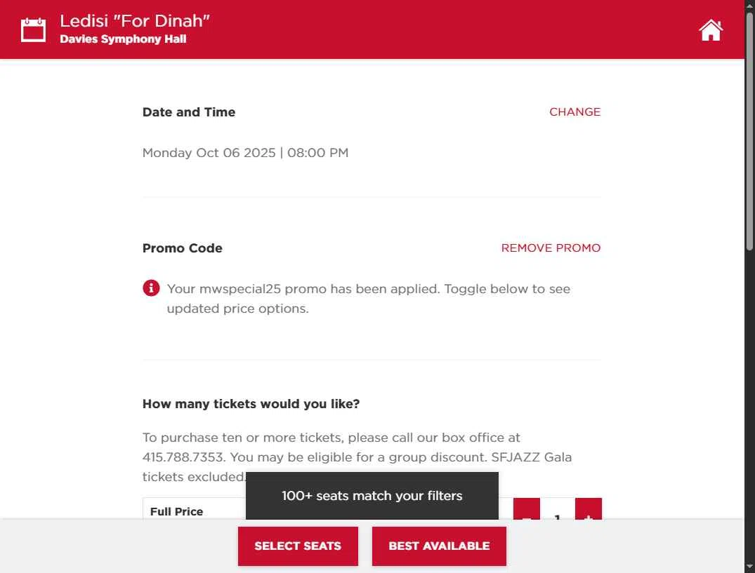 SFJAZZ checkout page showing SFJAZZ promo code box | Screenshot taken by SimplyCodes community member on Oct 1, 2025