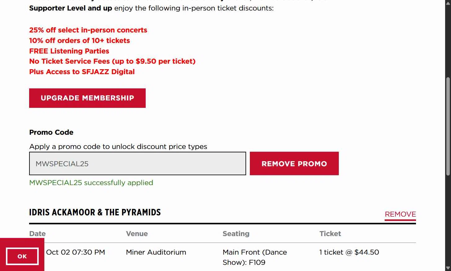 SFJAZZ checkout page showing SFJAZZ promo code box | Screenshot taken by SimplyCodes community member on Oct 1, 2025