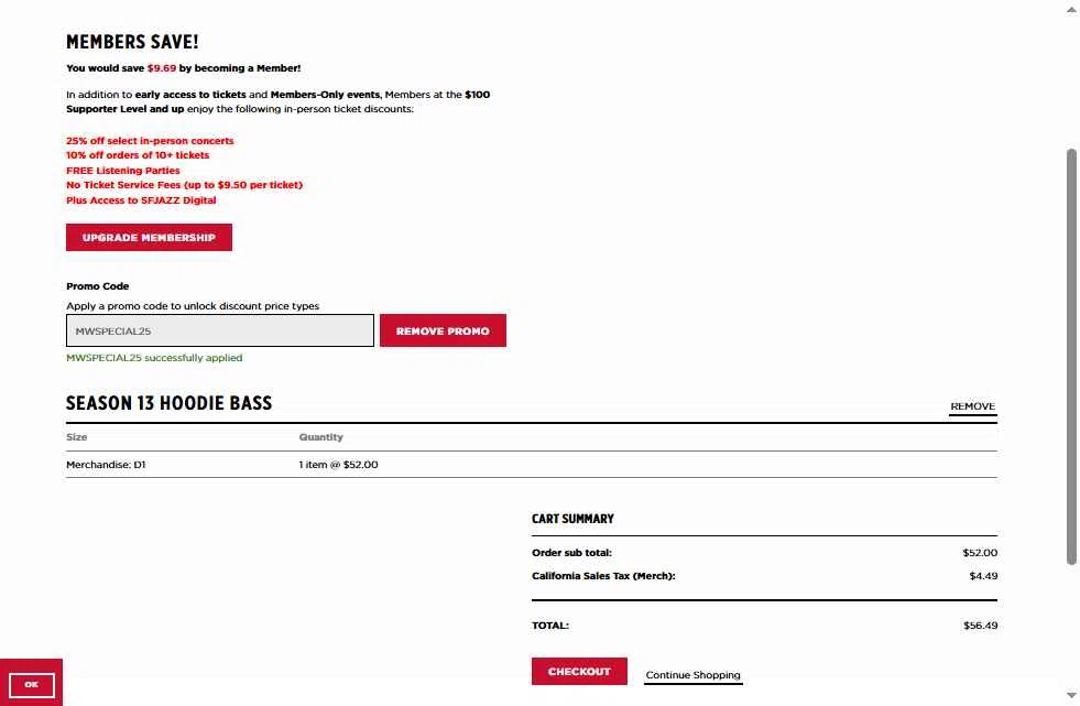 SFJAZZ checkout page showing SFJAZZ promo code box | Screenshot taken by SimplyCodes community member on Oct 30, 2025