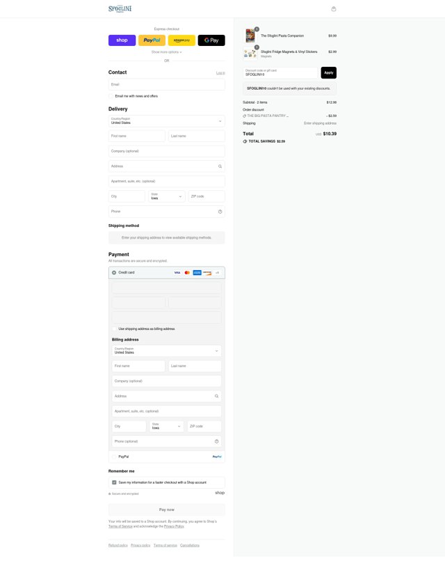 Sfoglini checkout page showing Sfoglini discount code box | Screenshot taken by SimplyCodes community member on Sep 2, 2025