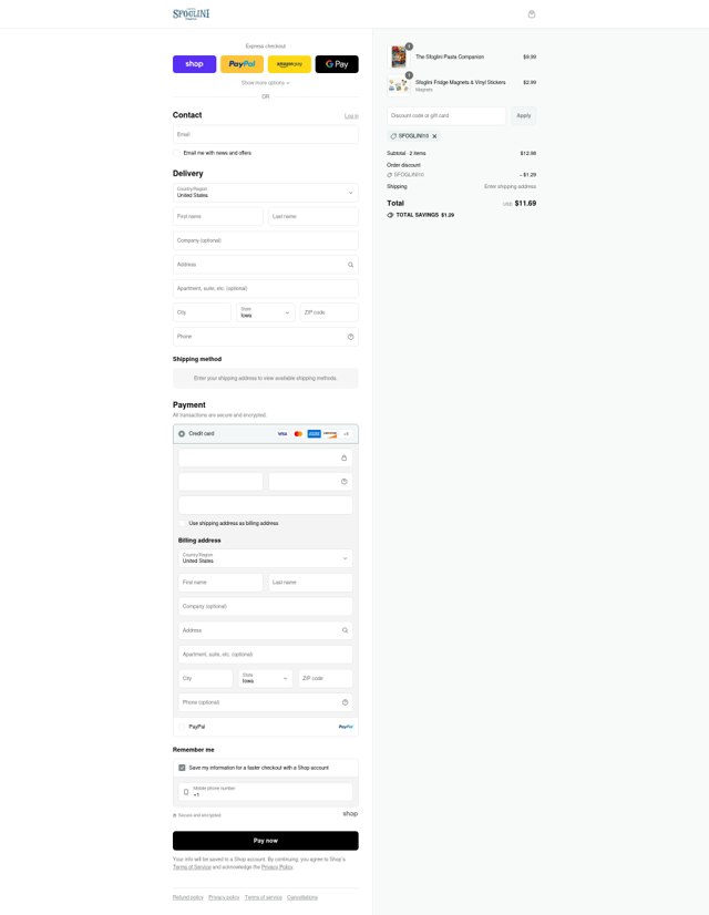 Sfoglini checkout page showing Sfoglini discount code box | Screenshot taken by SimplyCodes community member on Sep 7, 2025