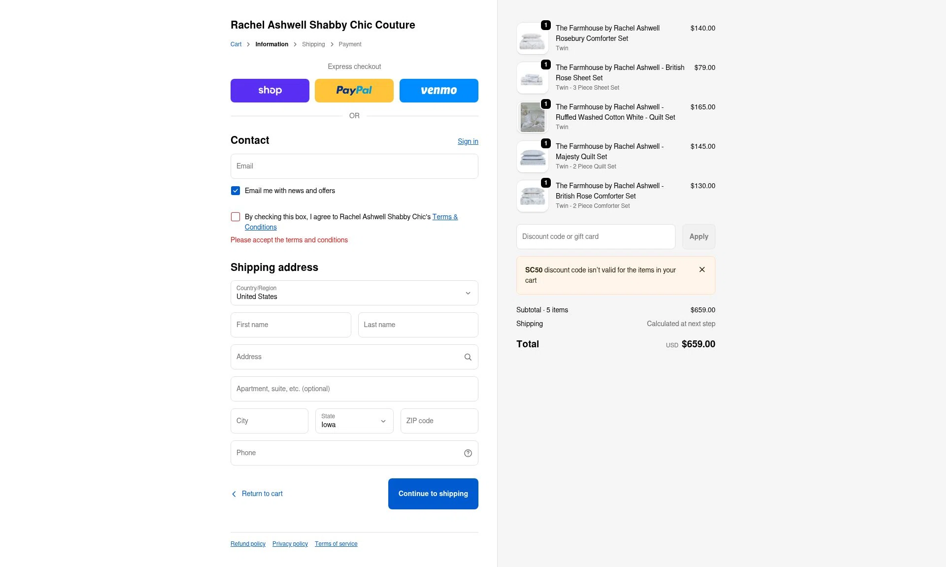 Shabby Chic checkout page showing Shabby Chic promo code box | Screenshot taken by SimplyCodes community member on Dec 22, 2025