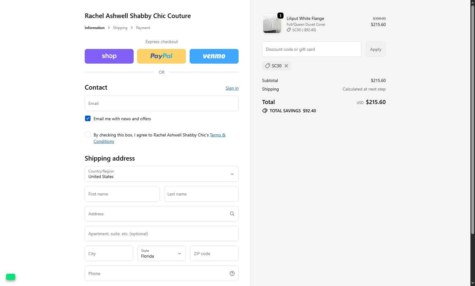 Shabby Chic checkout page showing Shabby Chic promo code box | Screenshot taken by SimplyCodes community member on Dec 7, 2025
