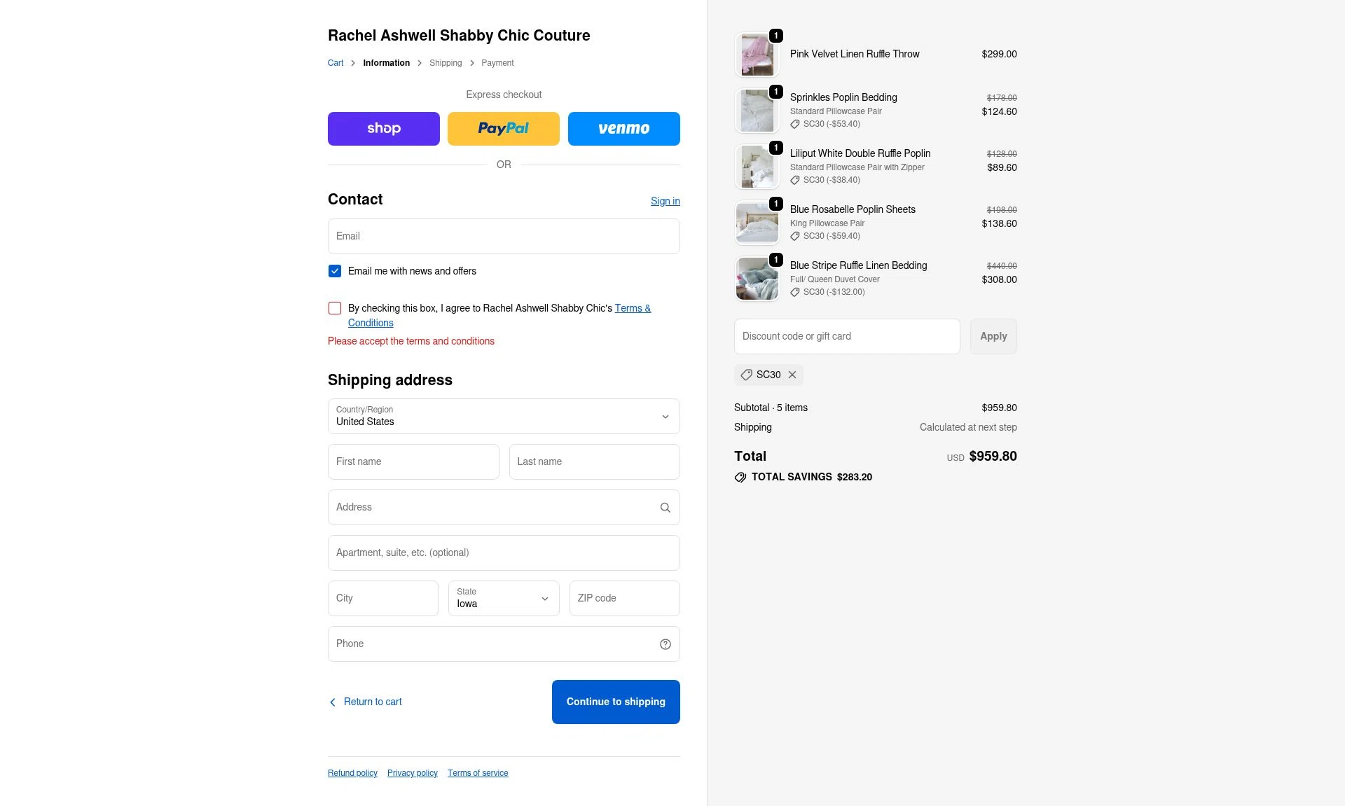 Shabby Chic checkout page showing Shabby Chic promo code box | Screenshot taken by SimplyCodes community member on Dec 9, 2025