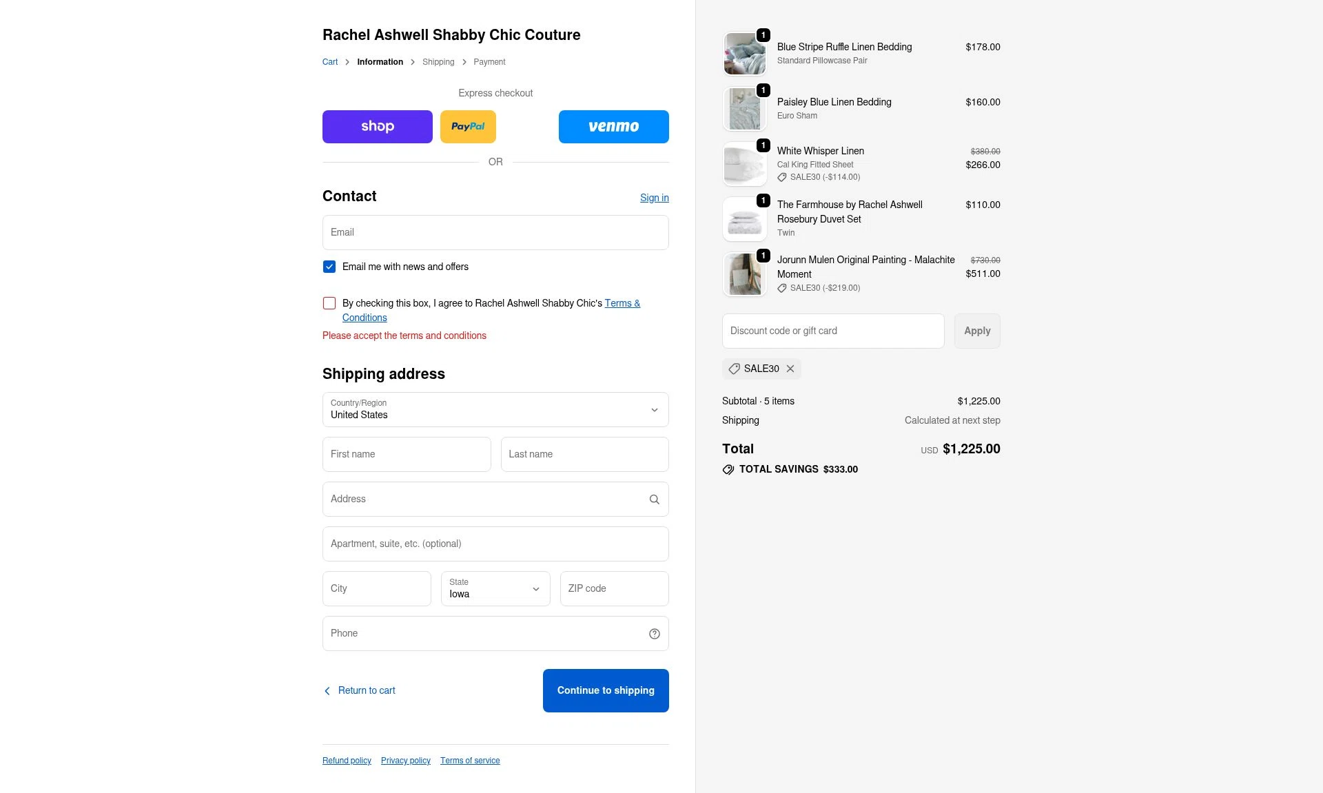 Shabby Chic checkout page showing Shabby Chic promo code box | Screenshot taken by SimplyCodes community member on Nov 18, 2025