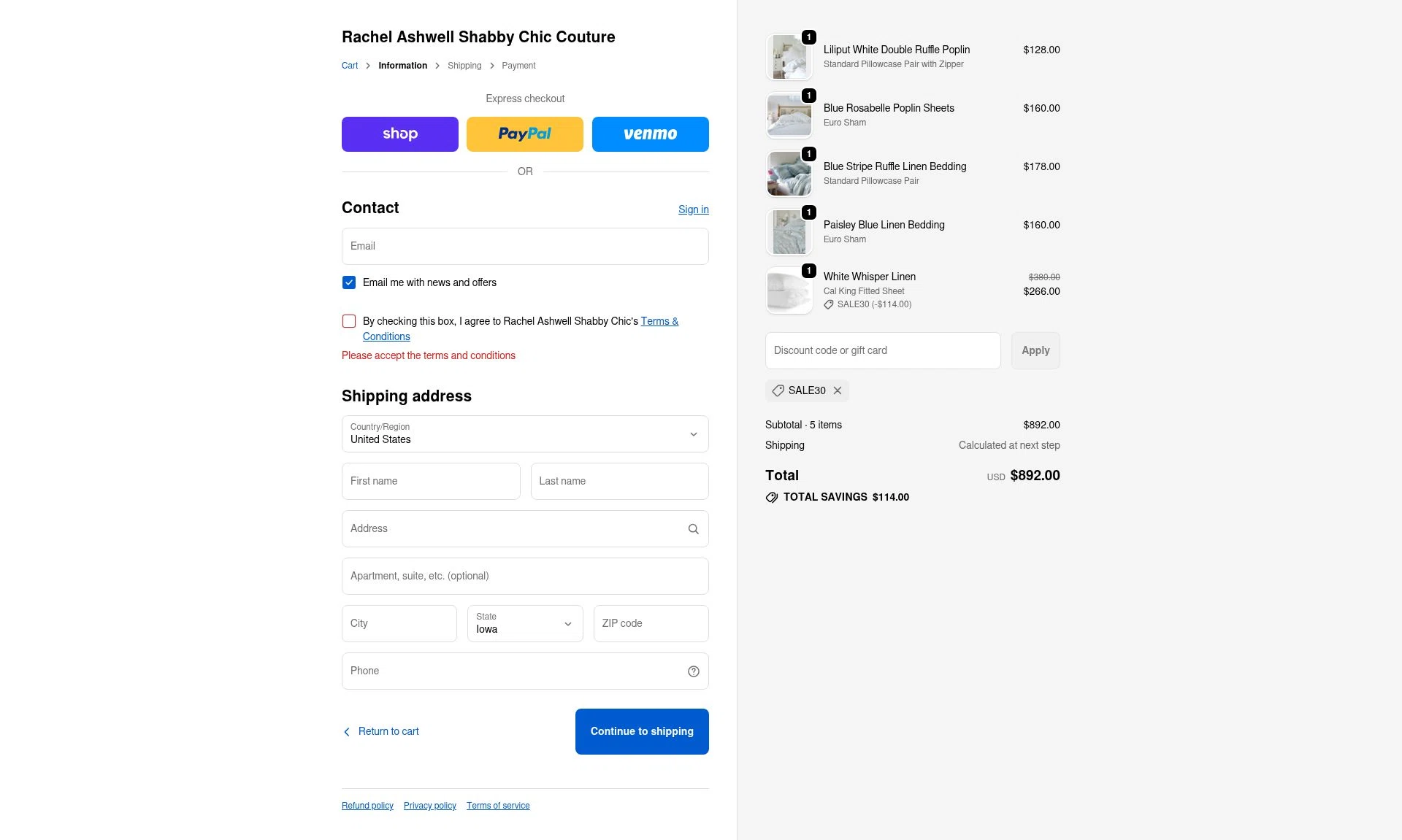 Shabby Chic checkout page showing Shabby Chic promo code box | Screenshot taken by SimplyCodes community member on Nov 28, 2025