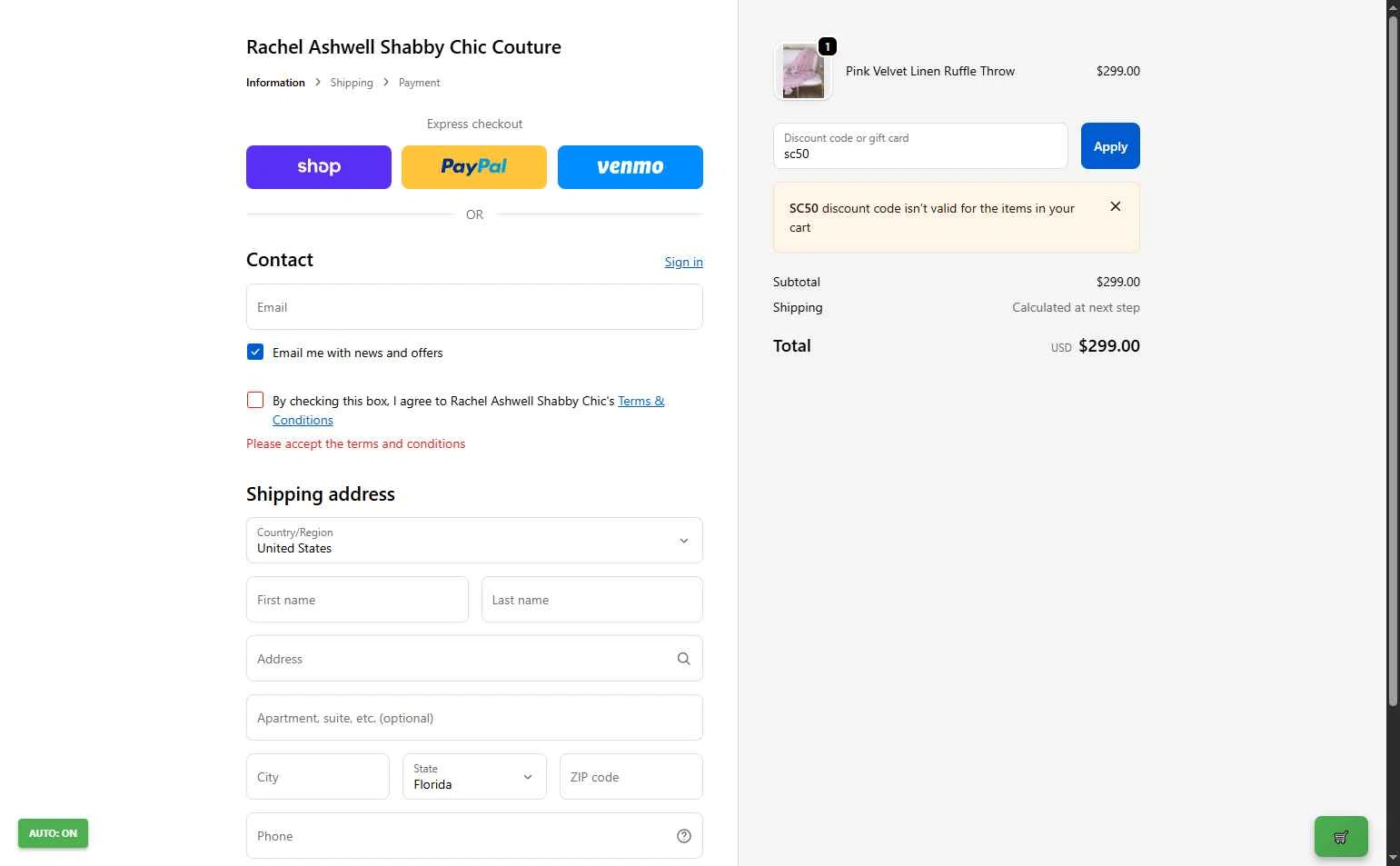 Shabby Chic checkout page showing Shabby Chic promo code box | Screenshot taken by SimplyCodes community member on Dec 14, 2025