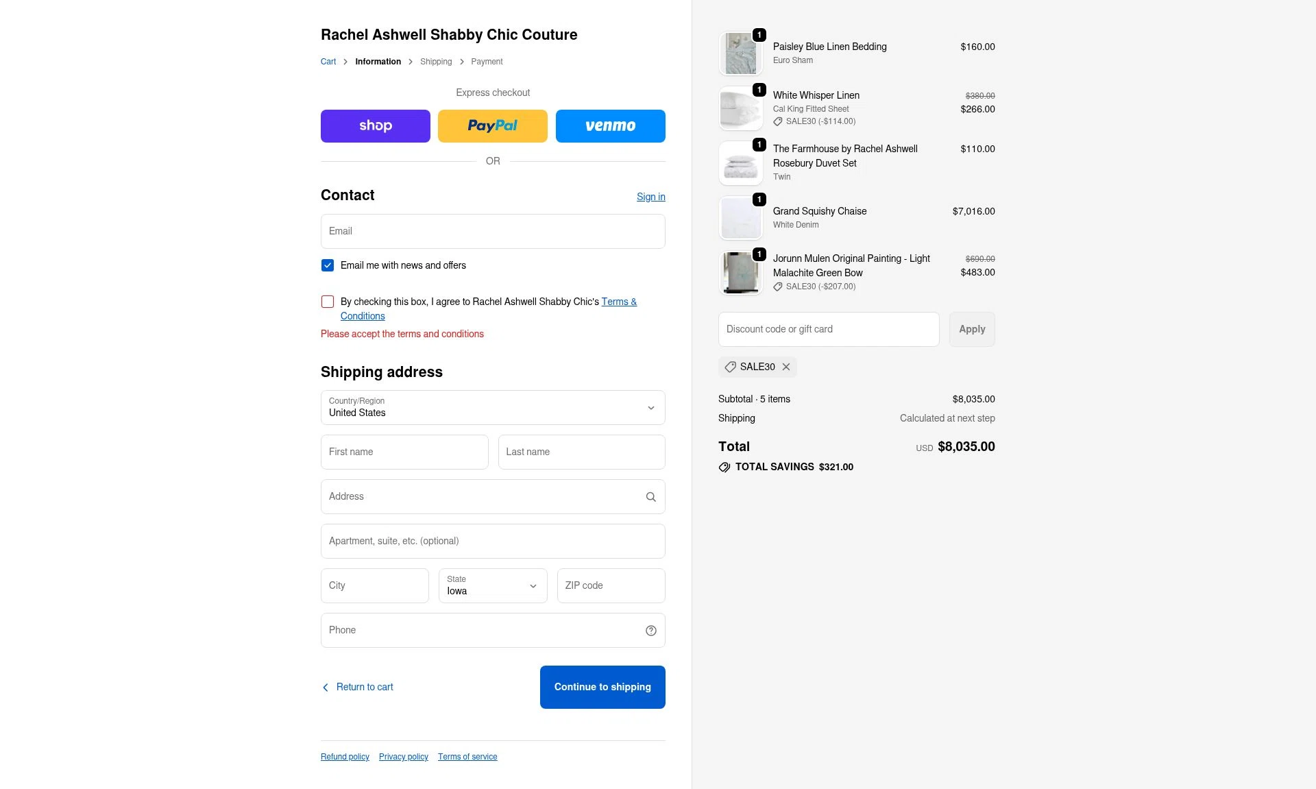 Shabby Chic checkout page showing Shabby Chic promo code box | Screenshot taken by SimplyCodes community member on Nov 13, 2025