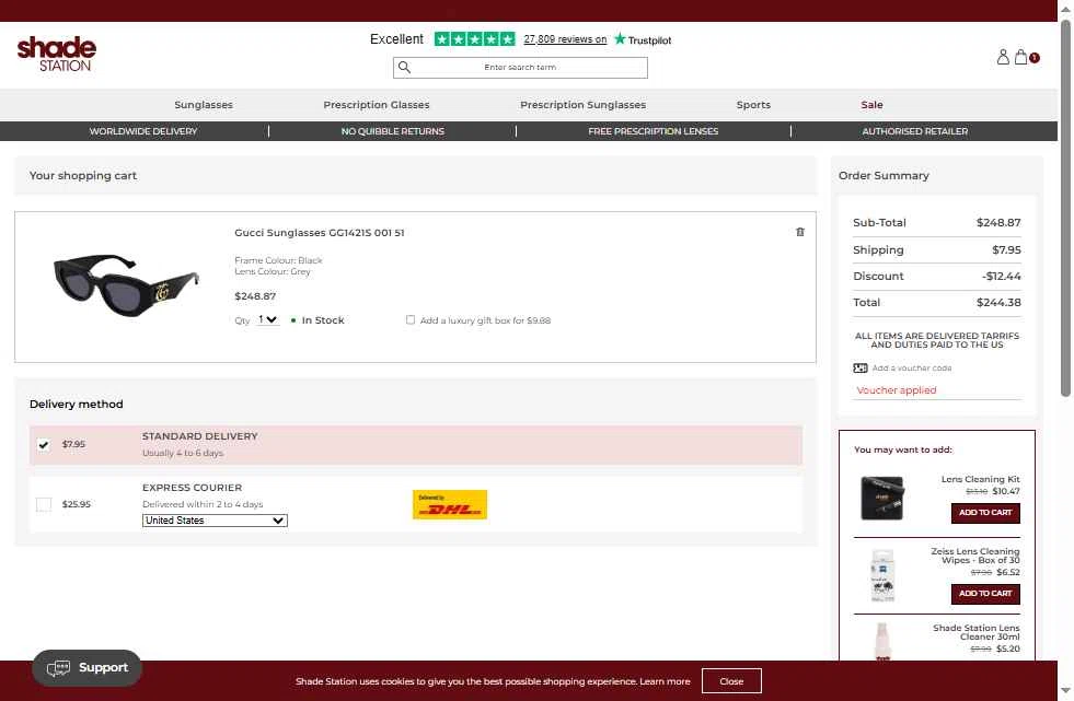 Shade Station USA checkout page showing Shade Station USA promo code box | Screenshot taken by SimplyCodes community member on Nov 24, 2025