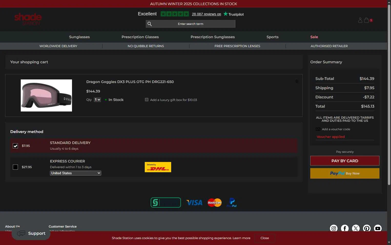 Shade Station USA checkout page showing Shade Station USA promo code box | Screenshot taken by SimplyCodes community member on Dec 23, 2025