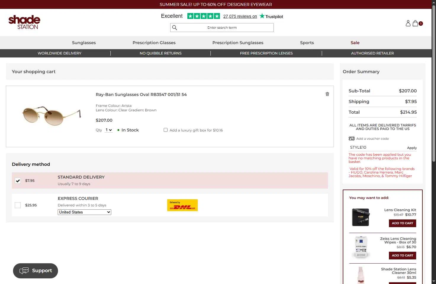 Shade Station USA checkout page showing Shade Station USA promo code box | Screenshot taken by SimplyCodes community member on Sep 13, 2025