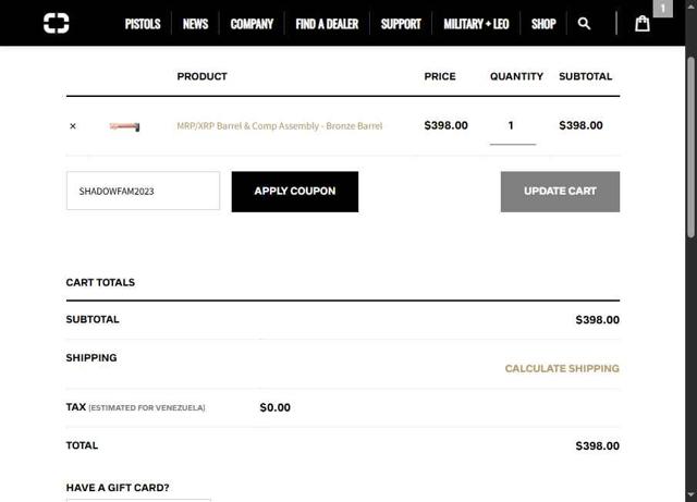 Shadow Systems checkout page showing Shadow Systems coupon code box | Screenshot taken by SimplyCodes community member on Aug 2, 2025