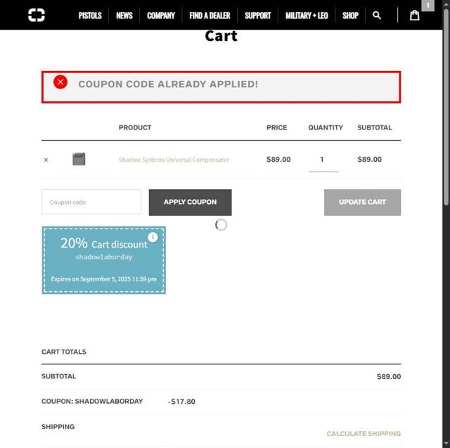 Shadow Systems checkout page showing Shadow Systems coupon code box | Screenshot taken by SimplyCodes community member on Aug 28, 2025