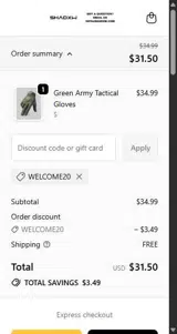 WELCOME20 coupon verification screenshot