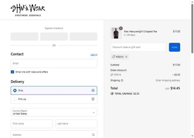 Shaka Wear checkout page showing Shaka Wear discount code box | Screenshot taken by SimplyCodes community member on Aug 19, 2025