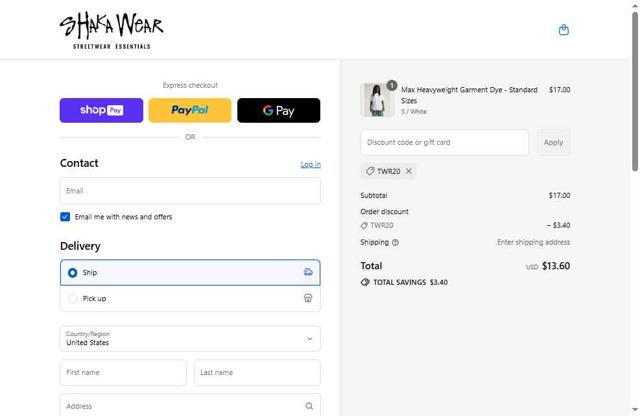 Shaka Wear checkout page showing Shaka Wear discount code box | Screenshot taken by SimplyCodes community member on Aug 16, 2025