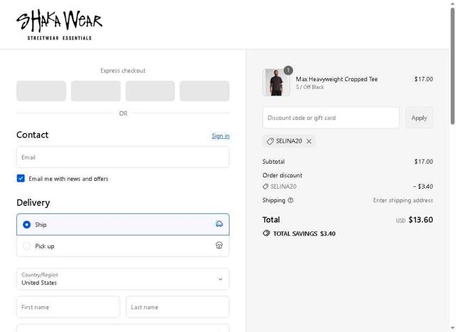 Shaka Wear checkout page showing Shaka Wear discount code box | Screenshot taken by SimplyCodes community member on Sep 10, 2025