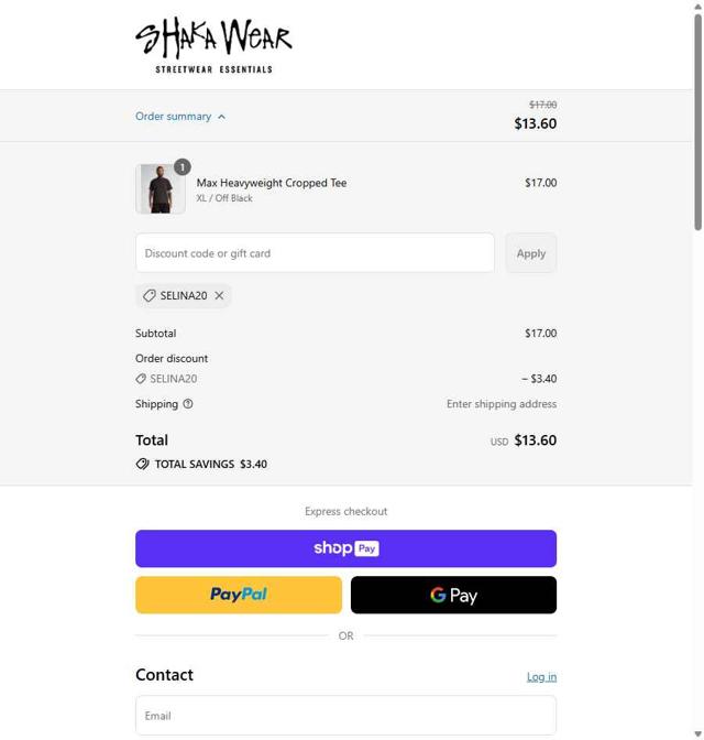 Shaka Wear checkout page showing Shaka Wear discount code box | Screenshot taken by SimplyCodes community member on Aug 12, 2025