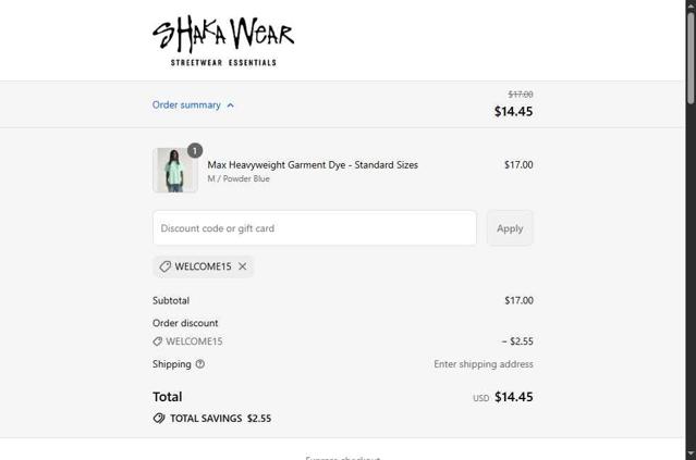 Shaka Wear checkout page showing Shaka Wear discount code box | Screenshot taken by SimplyCodes community member on Aug 19, 2025