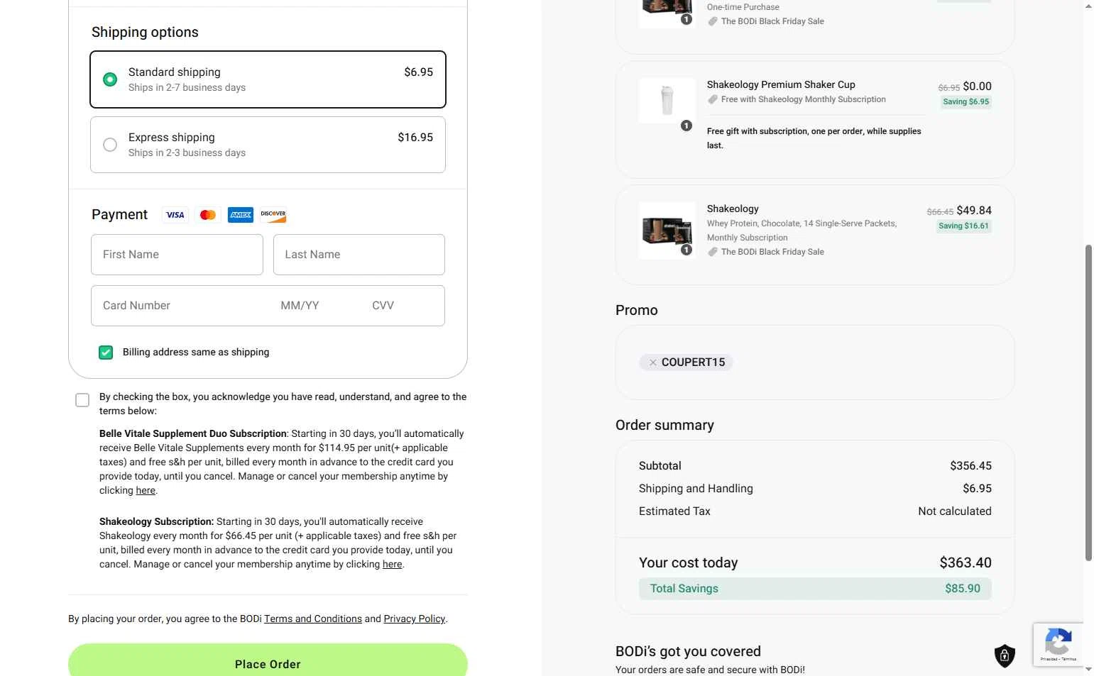 Shakeology checkout page showing Shakeology promo code box | Screenshot taken by SimplyCodes community member on Nov 26, 2025