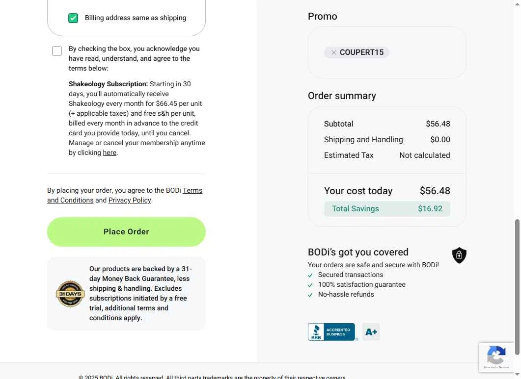 Shakeology checkout page showing Shakeology promo code box | Screenshot taken by SimplyCodes community member on Dec 25, 2025