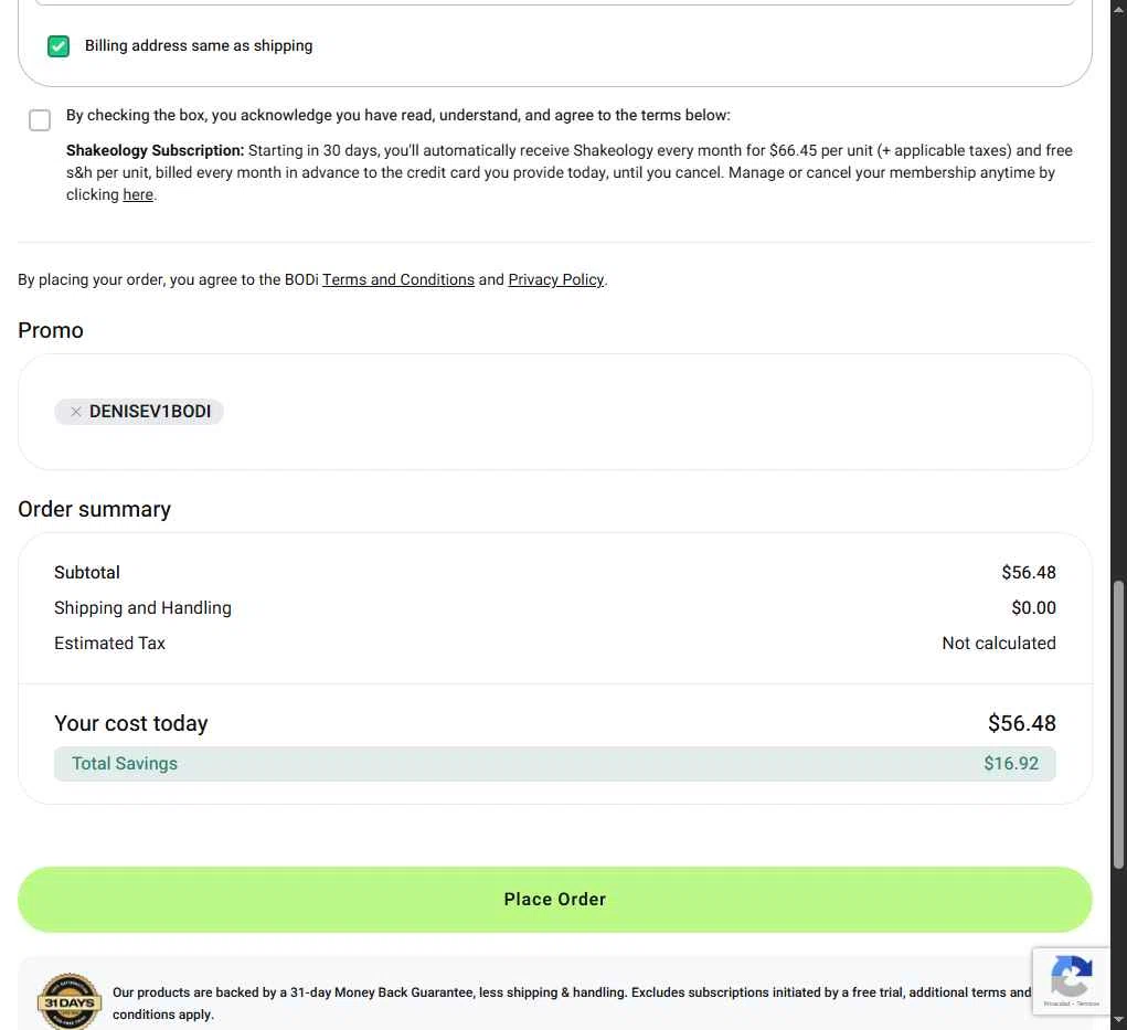Shakeology checkout page showing Shakeology promo code box | Screenshot taken by SimplyCodes community member on Jan 17, 2026