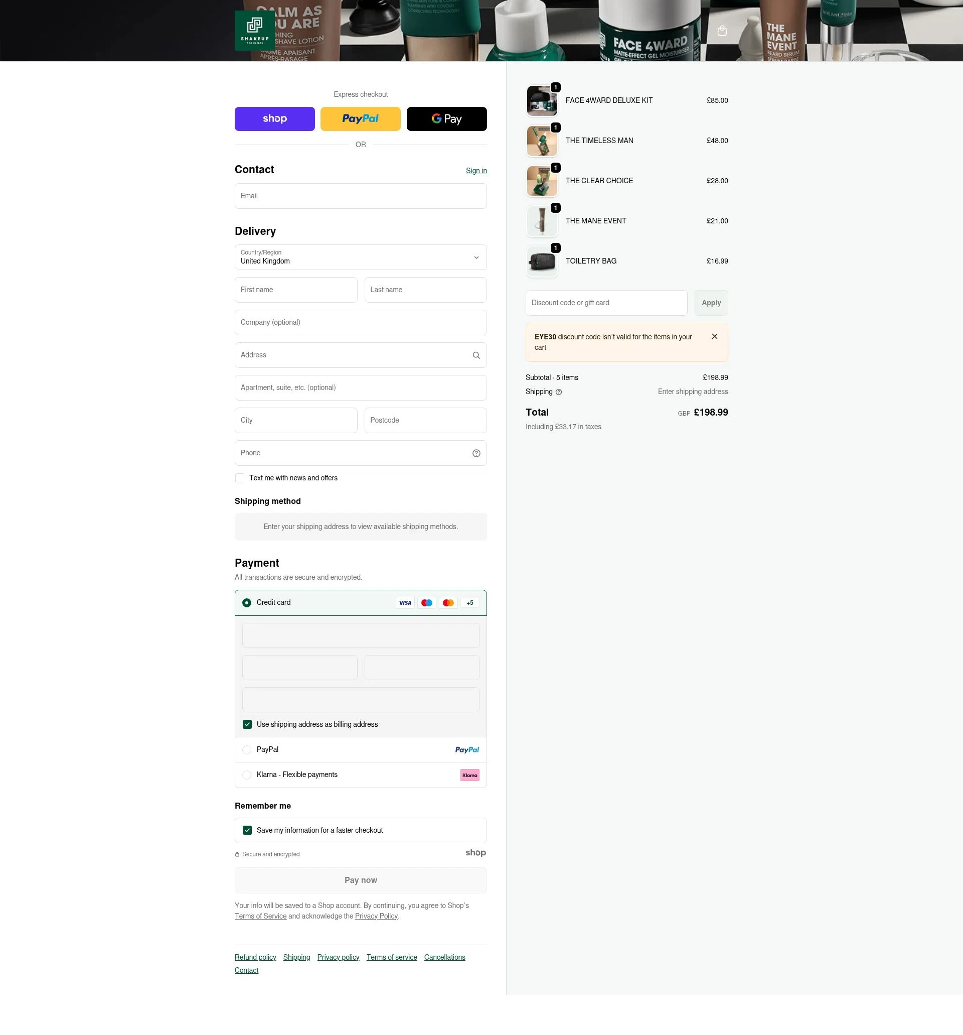 Shakeup Cosmetics checkout page showing Shakeup Cosmetics discount code box | Screenshot taken by SimplyCodes community member on Jan 4, 2026