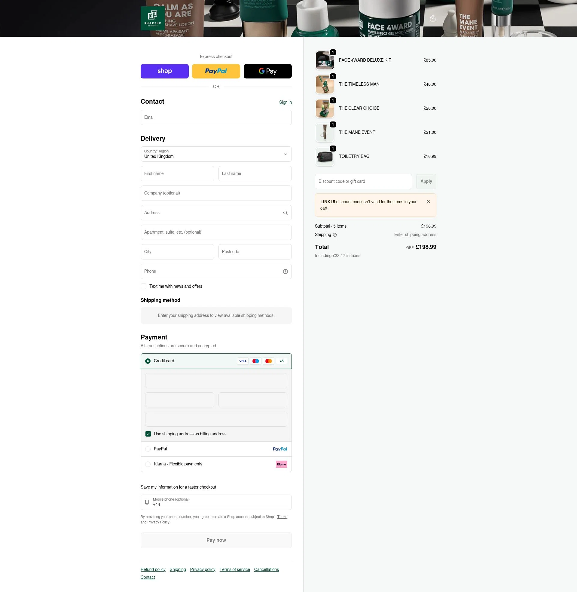 Shakeup Cosmetics checkout page showing Shakeup Cosmetics discount code box | Screenshot taken by SimplyCodes community member on Jan 9, 2026