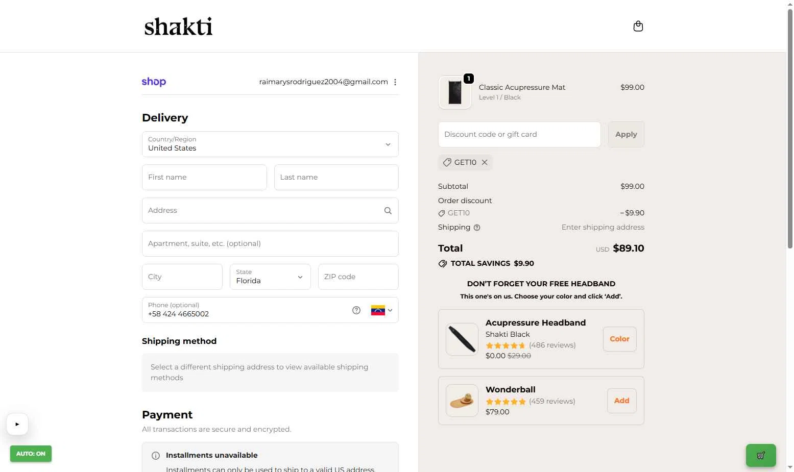 Shakti Mat US checkout page showing Shakti Mat US promo code box | Screenshot taken by SimplyCodes community member on Jan 26, 2026
