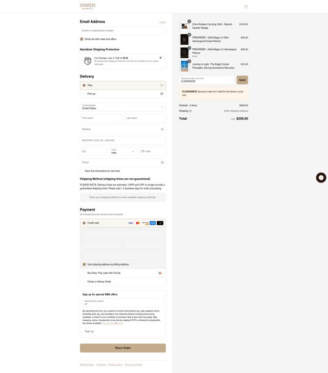 Shamans Market checkout page showing Shamans Market promo code box | Screenshot taken by SimplyCodes community member on Sep 8, 2025