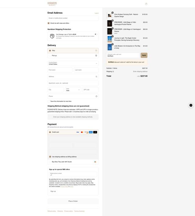 Shamans Market checkout page showing Shamans Market promo code box | Screenshot taken by SimplyCodes community member on Sep 4, 2025