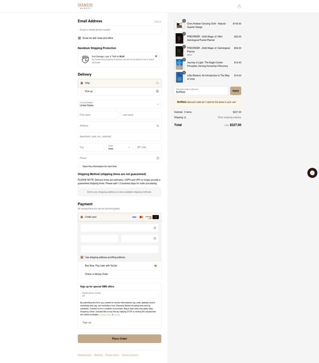 Shamans Market checkout page showing Shamans Market promo code box | Screenshot taken by SimplyCodes community member on Sep 12, 2025