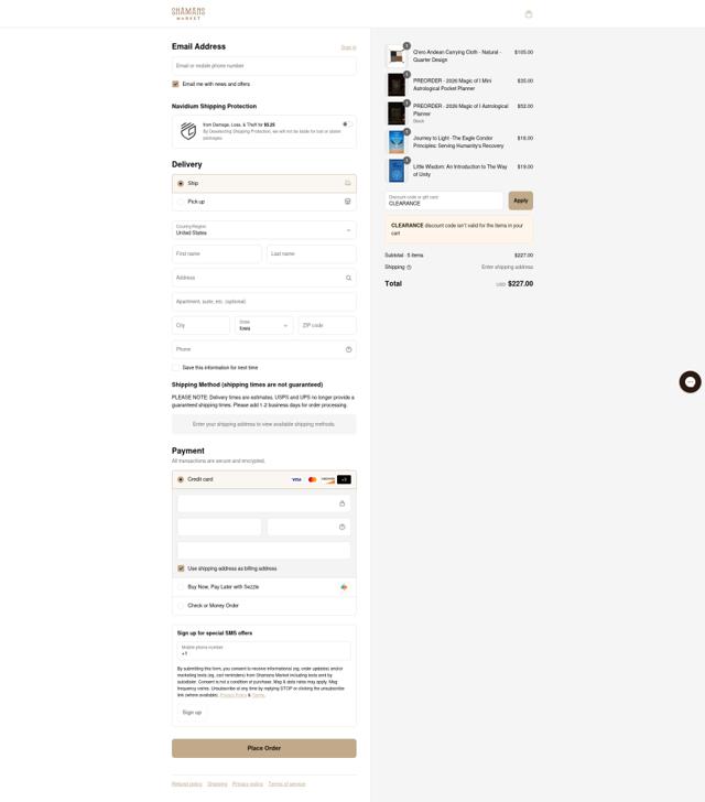 Shamans Market checkout page showing Shamans Market promo code box | Screenshot taken by SimplyCodes community member on Sep 12, 2025