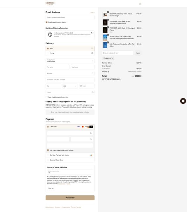 Shamans Market checkout page showing Shamans Market promo code box | Screenshot taken by SimplyCodes community member on Sep 12, 2025
