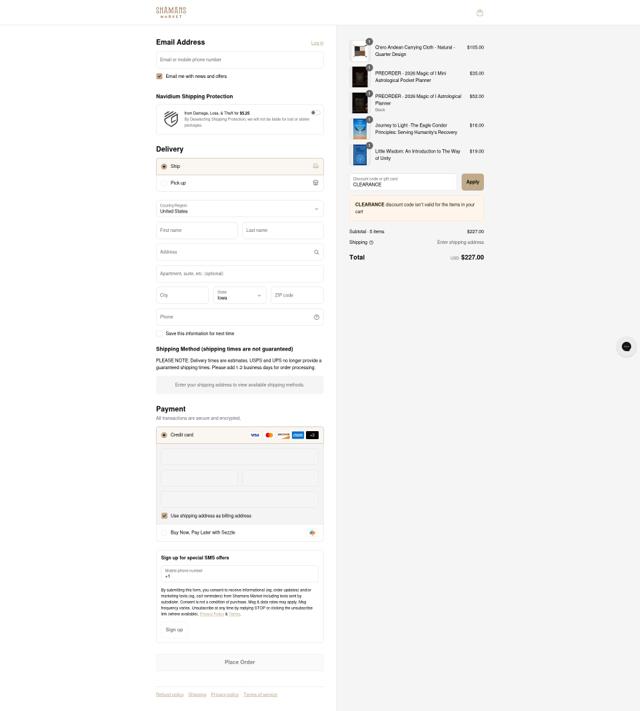 Shamans Market checkout page showing Shamans Market promo code box | Screenshot taken by SimplyCodes community member on Sep 4, 2025