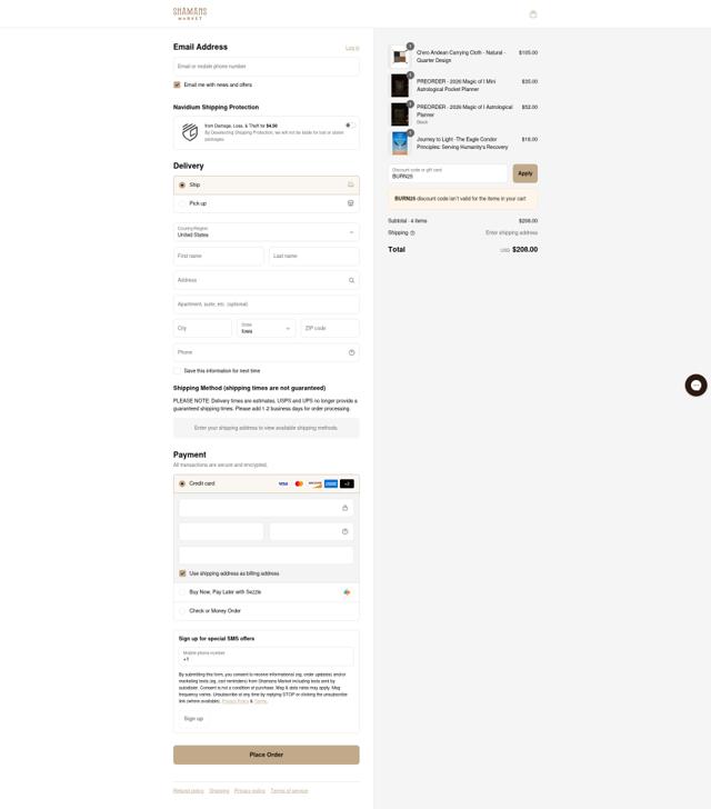 Shamans Market checkout page showing Shamans Market promo code box | Screenshot taken by SimplyCodes community member on Sep 8, 2025