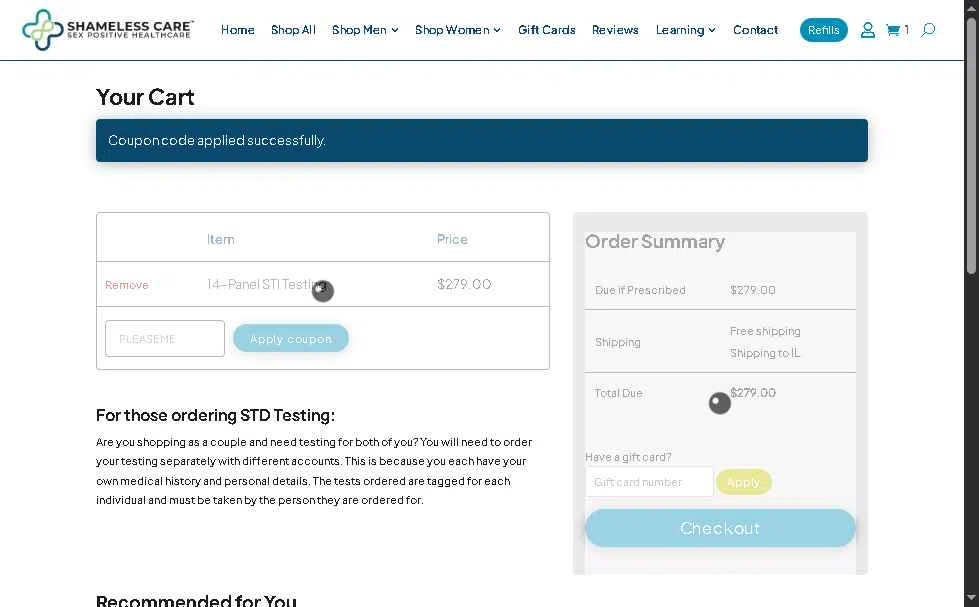 Shameless Care checkout page showing Shameless Care coupon code box | Screenshot taken by SimplyCodes community member on Dec 13, 2025