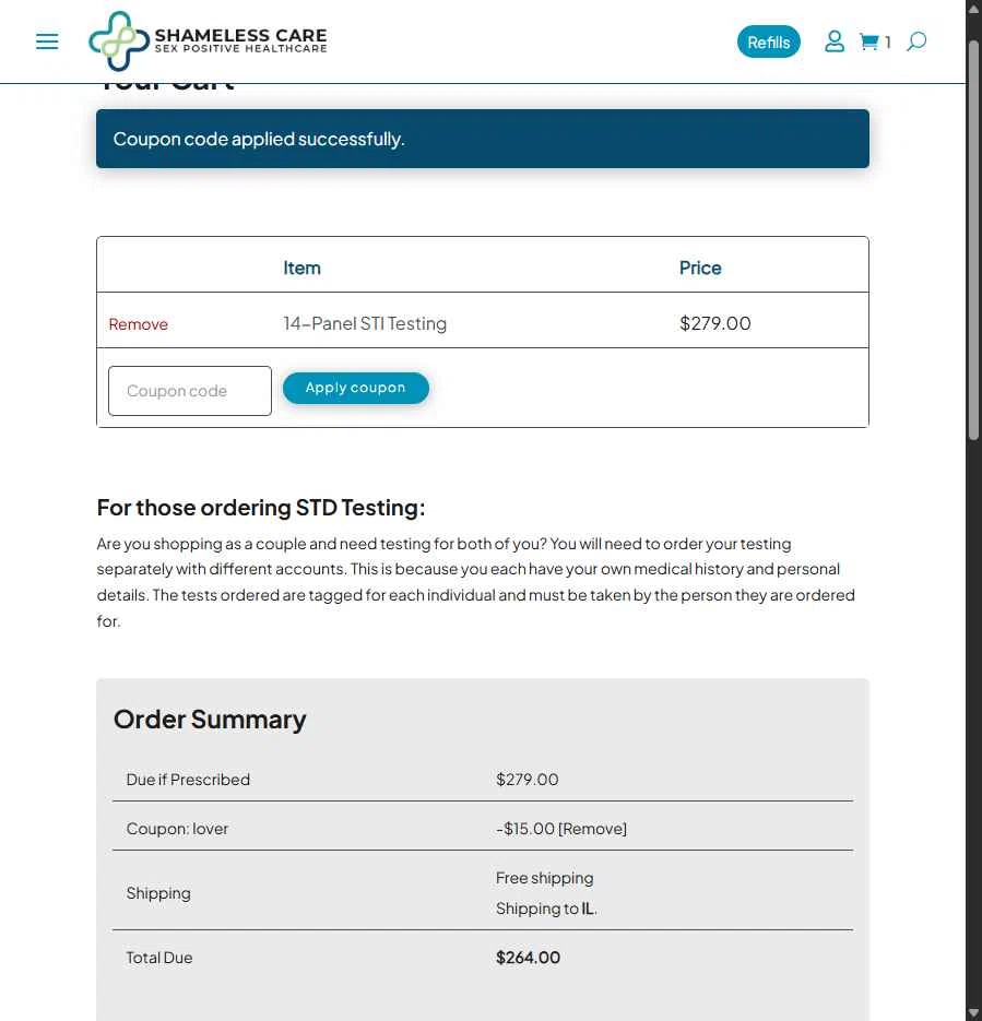 Shameless Care checkout page showing Shameless Care coupon code box | Screenshot taken by SimplyCodes community member on Dec 28, 2025